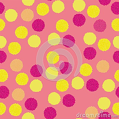 Vector seamless pattern, pom pom, bobble, yellow and pink on trendy pink. Repeating pattern. Vector Illustration