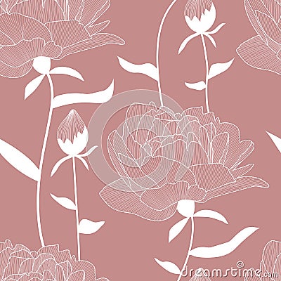 Vector seamless pattern, print with white contours, hand drawn pions,flowers and buds,leaves. Elegant,romantic floral texture. Bac Vector Illustration