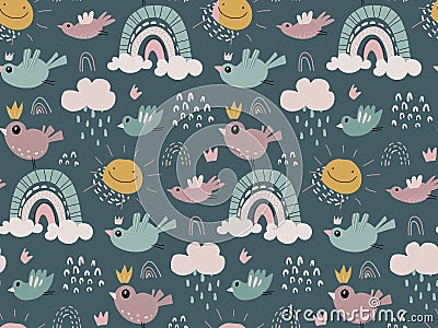 Vector seamless pattern with rainbow, birds, clouds, sun, raindrop. Childish texture for fabric, textile, apparel. Vector Illustration