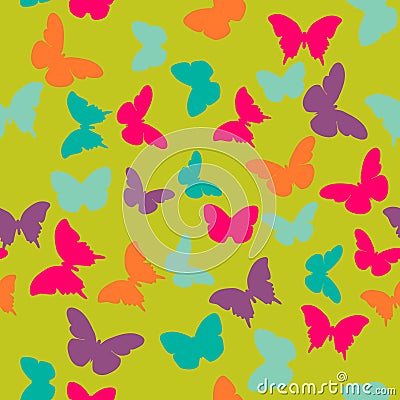 Vector seamless pattern with random orange, blue, pink, purple butterflies on green background Vector Illustration
