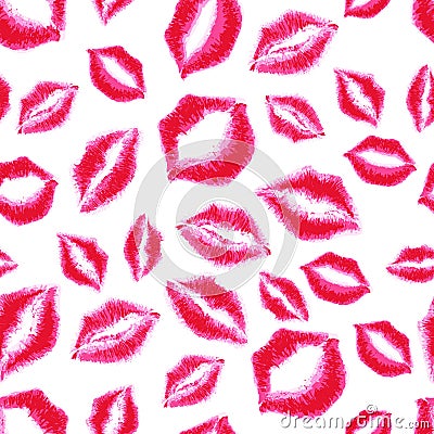 Vector seamless pattern with red lipstick kisses. Pink lips watercolor background. Vector Illustration