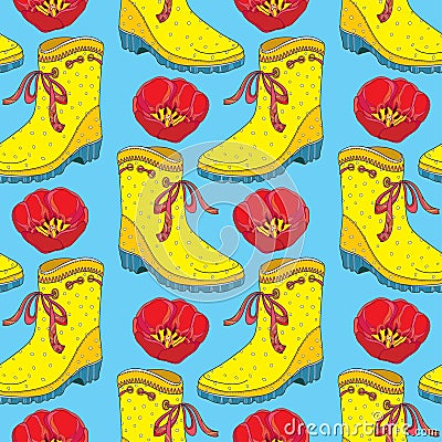 Vector seamless pattern with red tulips flower and yellow rubber boot with bow on the blue background. Floral background. Vector Illustration