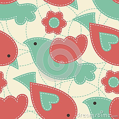 Vector seamless pattern with red and turquoise birds decorated b Vector Illustration