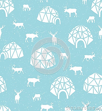 Vector seamless pattern with reindeer and igloo. Arctic blue surface design. Winter background. Vector Illustration