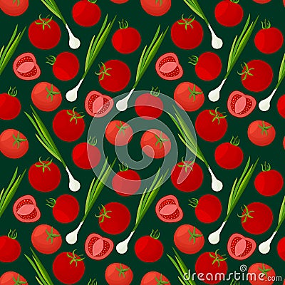 Vector seamless pattern with ripe tomatoes and green onions Vector Illustration