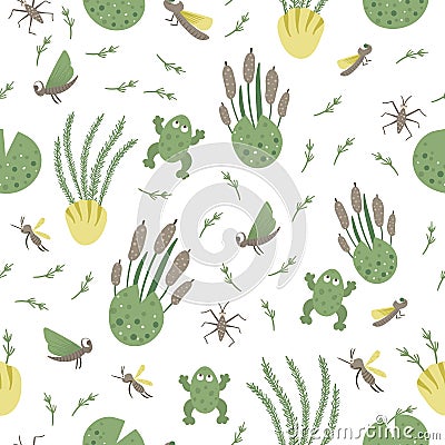 Vector seamless pattern with river or marsh elements. Cute repeat background with frog, reeds, water insects. Sweet ornament for Vector Illustration