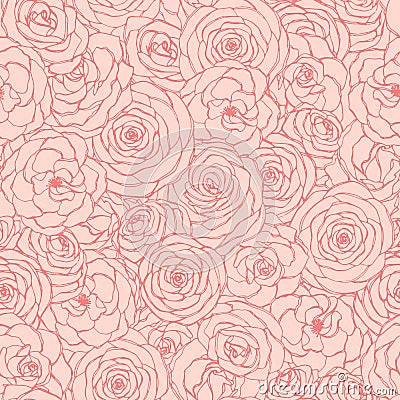 Vector seamless pattern with rose flowers outline on the pink background. Hand drawn floral repeat ornament Vector Illustration