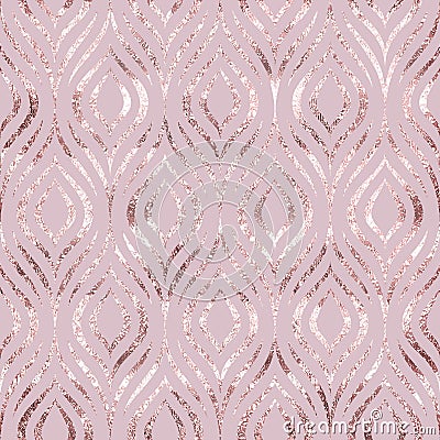 Vector seamless pattern. Rose gold feather peacock. Roses golden foil. Pink background geometric line pastel color. Delicate marbl Stock Photo