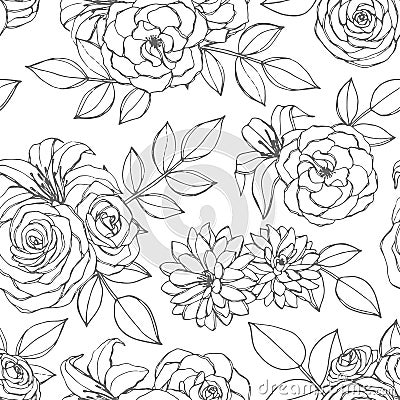 Vector seamless pattern with rose, lily, peony and chrysanthemum flowers line art on the white background. Hand drawn floral Vector Illustration