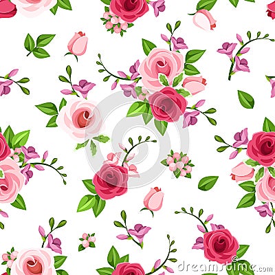 Vector seamless pattern with roses and freesia flowers. Vector Illustration