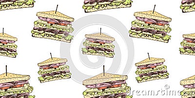 Vector Seamless Pattern, Sandwiches Background, Colorful Illustration Template, Fast Food. Vector Illustration