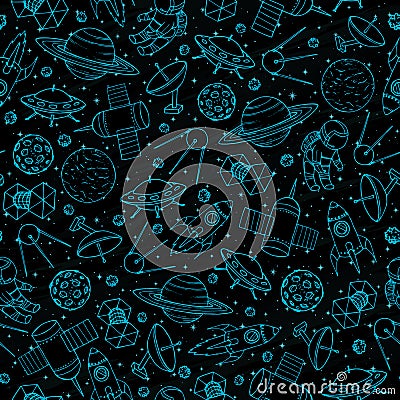 Vector seamless pattern with Saturn planet, moon, stars, flying rockets, satellites, UFO and astronauts on the textured background Vector Illustration