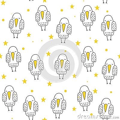 Vector seamless pattern in Scandinavian style. Sweet bird. Cartoon print Stock Photo