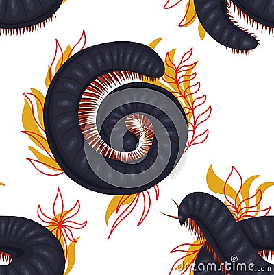 Vector seamless pattern with scary centipedes in roll with foliage and leaves on white background. Texture with julida. Wallpaper Vector Illustration