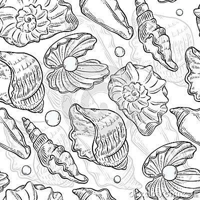 Vector seamless pattern sea shells and pearls different shapes. Clamshells monochrome black white outline sketch Vector Illustration