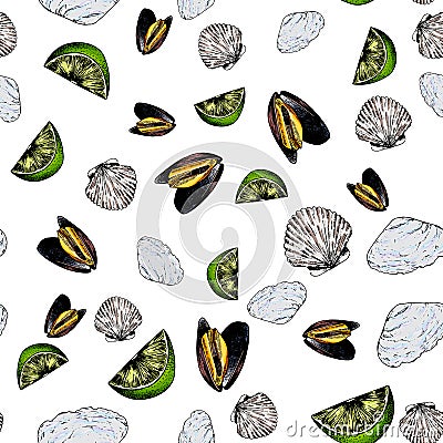 Vector seamless pattern of seafood.Clams, oyster and lime. Hand drawn engraved icons. Colored objects. Vector Illustration