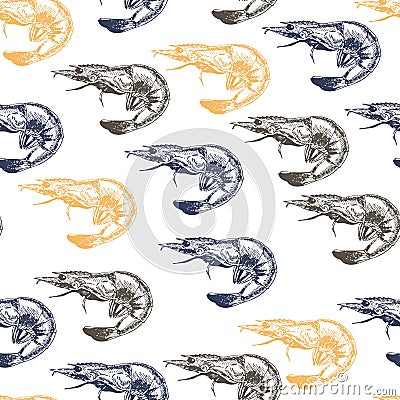 Vector seamless pattern of seafood. Colored shrimps. Hand drawn engraved icons. Vector Illustration