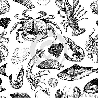 VEctor seamless pattern of seafood.Lobster, crab, salmon, caviar, squid, shrimp and clams. Hand drawn engraved icons. Vector Illustration