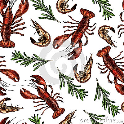 Vector seamless pattern of seafood.Lobster, shrimp and rosemary branch. Hand drawn engraved icons. Colored objects. Vector Illustration