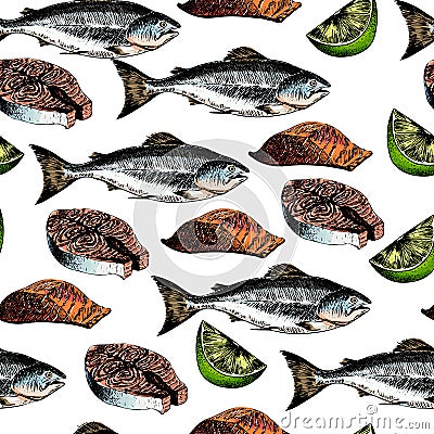 Vector seamless pattern of seafood. Salmon fish, fillet slices, steak and lime. Hand drawn engraved icons. Colored objects. Vector Illustration