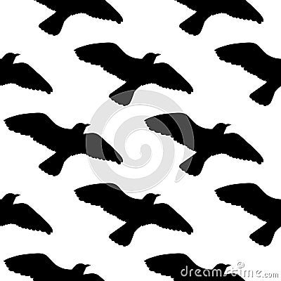 Vector seamless pattern with seagulls silhouettes. Black and white Vector Illustration