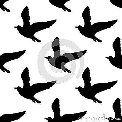 Vector seamless pattern with seagulls silhouettes. Black and white Vector Illustration