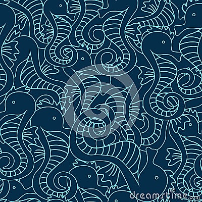 Vector seamless pattern with seahorse on navy blue background. Hippocampus background Vector Illustration
