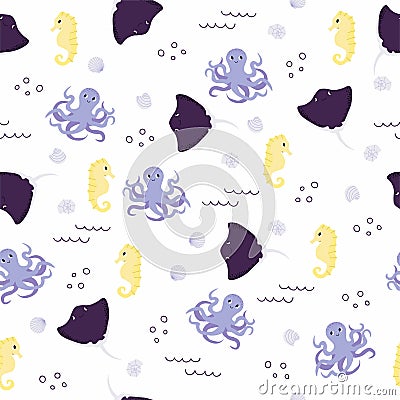 Vector seamless pattern with seahorse, octopus, devilfish.Underwater cartoon creatures.Marine background.Cute ocean Vector Illustration