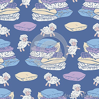 Vector seamless pattern with sheeps jumping over stack of pillows in night sky. Vector Illustration