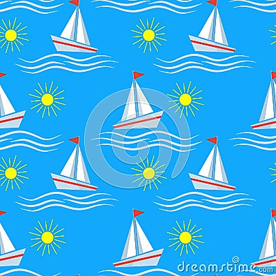 Vector seamless pattern of ship at sea, sailboats, speedboat, yacht, sailboat, cruiser. Sea marine travel background for fabric Vector Illustration