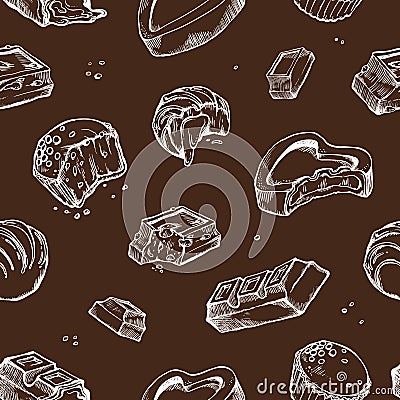 Vector seamless pattern of sketches bitten chocolates. Sweet rolls, bars, glazed, cocoa beans. Isolated objects on a Vector Illustration