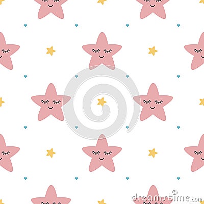 Star seamless pattern sleeping pink stars on white backgound Cute children baby shower fabric design Cartoon Illustration