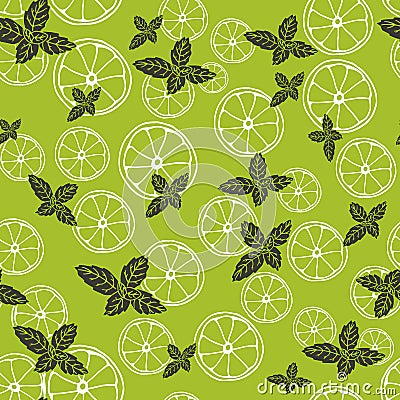 Vector seamless pattern with slices of lemon and mint. Mojito drink. Fabric texture Vector Illustration