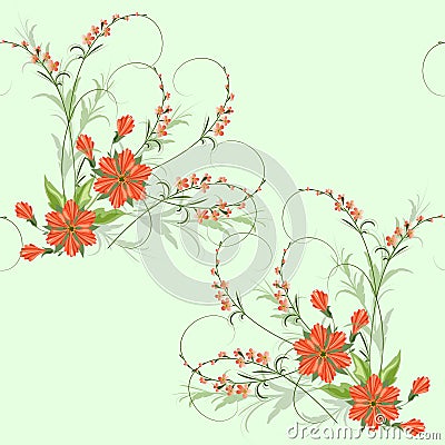 Vector seamless pattern with small pink flowers on a twig in a bouquet with bright red decorative flowers for textiles Vector Illustration