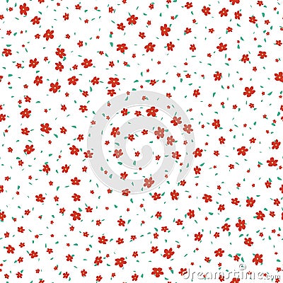 Vector seamless pattern with small pretty red flowers and tiny green leaves Vector Illustration