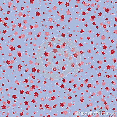 Vector seamless pattern with small pretty red and pink flowers on blue backdrop Vector Illustration