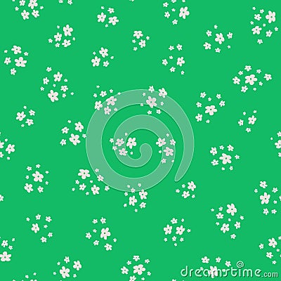 Vector seamless pattern with small pretty white flowers on green. Liberty style Vector Illustration