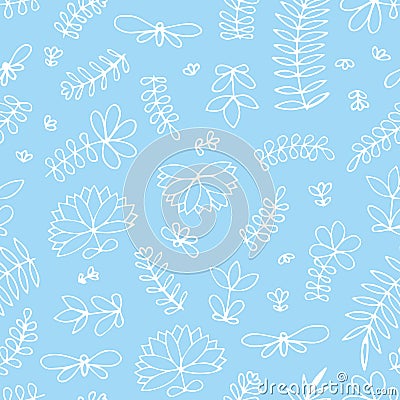 Vector seamless pattern with small stylized flowers on a blue background. Hand drawing Vector Illustration