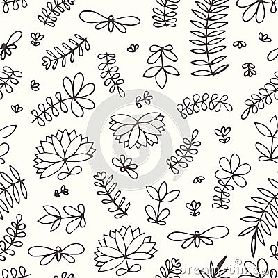 Vector seamless pattern with small stylized flowers and branches. Hand drawing. Vector Illustration