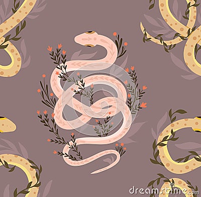 Vector seamless pattern with snakes and herbs. Animalistic texture with pink and yellow serpents, stems and foliage on a beige Vector Illustration