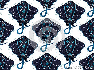 Vector seamless pattern with spotted stingray. Cartoon character. Colorful marine life. Underwater creatures Vector Illustration