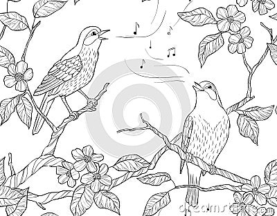 Vector seamless pattern. Spring garden composition. A bird sings on a bloom branch. Vector Illustration