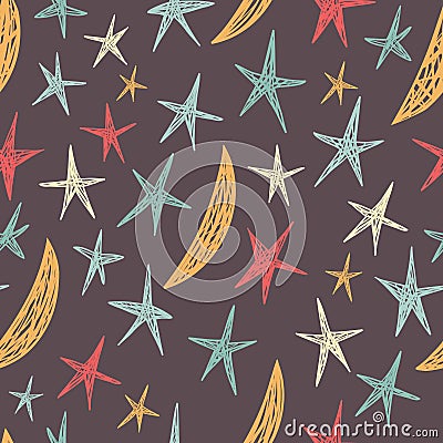 Vector seamless pattern with stars and moons. Endless brown background. Colored stars and moons. Use for wallpaper, print, pattern Stock Photo