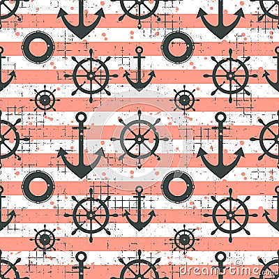 Vector seamless pattern Steering wheel, life preserver, anchor, horizontal lines Creative geometric vintage backgrounds, nautical Vector Illustration