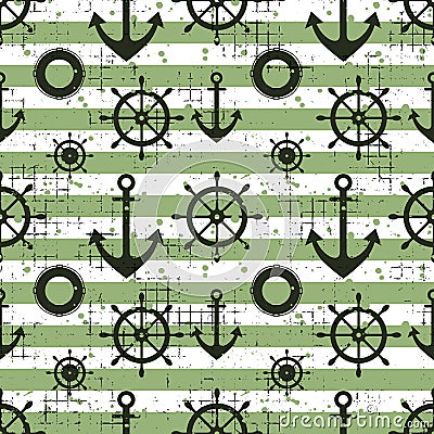 Vector seamless pattern Steering wheel, life preserver, anchor, horizontal lines Creative geometric vintage backgrounds, nautical Vector Illustration