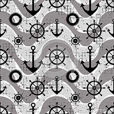 Vector seamless pattern Steering wheel, life preserver, anchor, waves Creative geometric vintage backgrounds, nautical theme Graph Vector Illustration