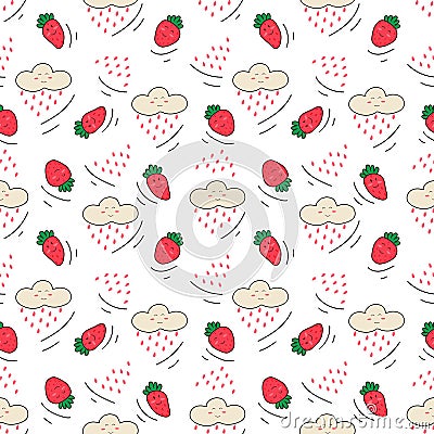 Vector seamless pattern with strawberry and rainy cloud in cartoon flat doodle style. Hand drawn fresh berry. Colorful Vector Illustration