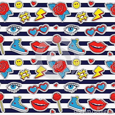 Vector seamless pattern with stripes and colorful patches. Vector Illustration