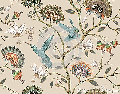 Vector seamless pattern with stylized flowers and birds. Blossom garden with hummingbirds and plants. Light floral Vector Illustration