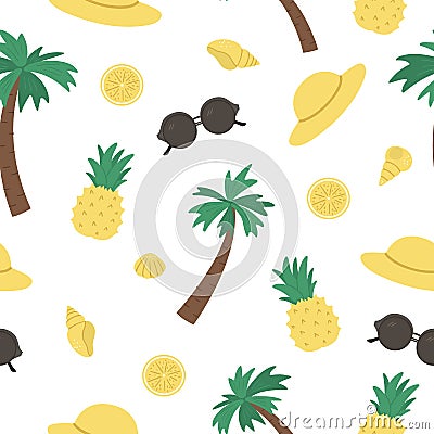 Vector seamless pattern with summer elements. Cute flat background for kids with palm tree, pineapple, sunglasses, seashells. Vector Illustration